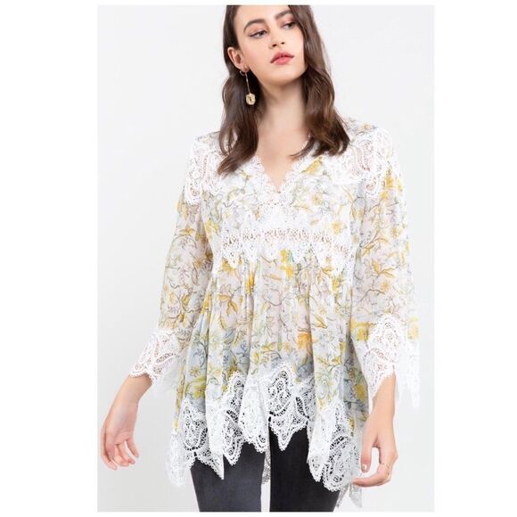 YELLOW floral printed woven tunic with lace trim - Picture 4 of 13
